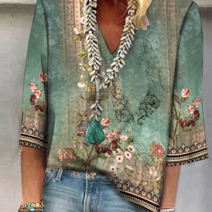 V Neck Loose Casual Floral Shirt, Blouses, Lilicloth.com