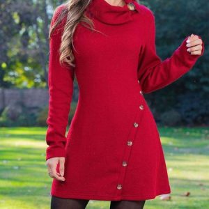 Plain Half Turtleneck Casual Buttoned Dress, Dresses, color:Red|size:XXL, JustFashionNow