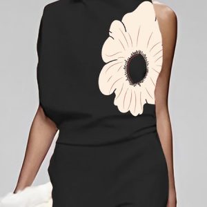 Regular Fit Floral Half Turtleneck Urban Tank Top, Blouses and Shirts, color:Black|size:XXL, Stylewe