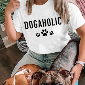Lilicloth X Funnpaw Women's Dogaholic Dog Lover Funny Text Crew Neck T-Shirt, color:White|size:L, Lilicloth.com