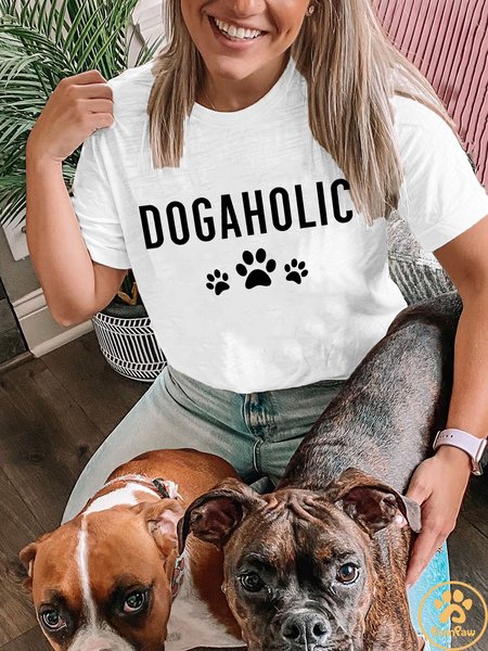 Lilicloth X Funnpaw Women's Dogaholic Dog Lover Funny Text Crew Neck T-Shirt, color:White|size:L, Lilicloth.com