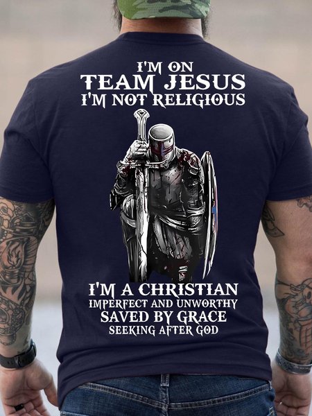 Men's I Am Not Team Jesus I Am Not Religious I Am A Christian Imperfect And Unworthy Saved By Grace Seeking After God Funny Graphic Printing Crew Neck Casual Loose Cotton T-Shirt, color:Purplish blue|size:3XL, Lilicloth.com