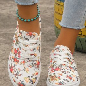 Cartoon Kitten Floral Lace-Up Skate Shoes, Sneakers, color:White|size:43, JustFashionNow