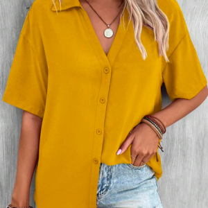Casual Loose Shirt Collar Plain Blouse, JustFashionNow Shirts, color:Yellow|size:XXL,