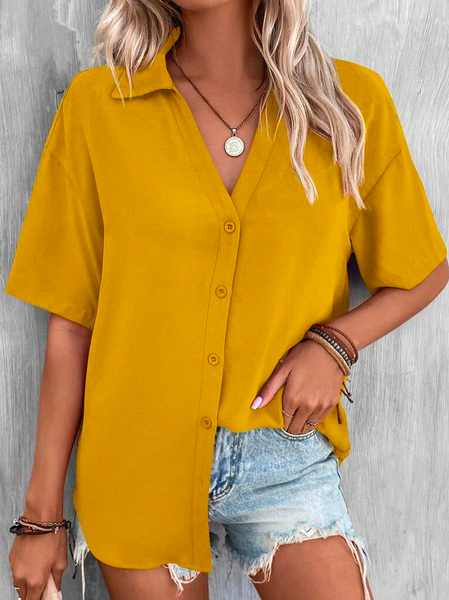 Casual Loose Shirt Collar Plain Blouse, JustFashionNow Shirts, color:Yellow|size:XXL,