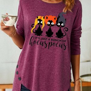 Women's Halloween Black Cat Witch Hocus Pocus Loose Cotton Crew Neck Long Sleeve Top, color:Red|size:3XL, Lilicloth.com