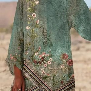Crew Neck Long Sleeve Floral Regular Micro-Elasticity Loose Shirt For Women 2023, Blouses, color:Green|size:XXL, Noracora
