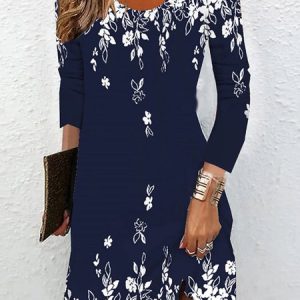Women Floral Crew Neck Long Sleeve Comfy Casual Midi Dress, Dresses, color:Dark Blue|size:XXL, Noracora