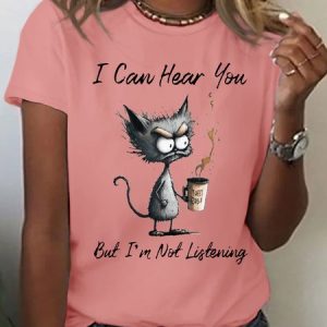 Women's Cotton I Can Hear You But I'm Not Listening Crew Neck Letters Casual  T-Shirt, color:Pink|size:3XL, Lilicloth.com