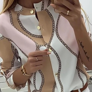 Women's Tops Casual Chain Print Long Sleeve Comfortable Lapel Loose Shirt, Blouses, color:Khaki|size:3XL, Noracora