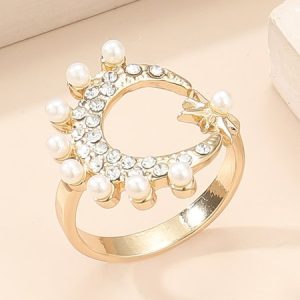 Moon and Star Shape Imitation Pearl Rhinestone Adjustable Ring, Rings, color:As Picture|size:One-size, Stylewe