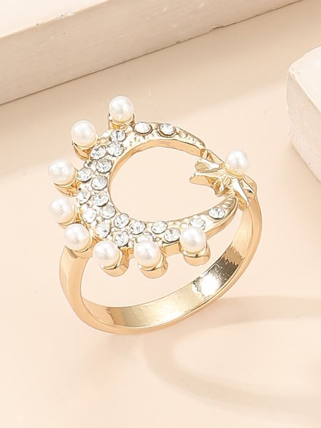 Moon and Star Shape Imitation Pearl Rhinestone Adjustable Ring, Rings, color:As Picture|size:One-size, JustFashionNow