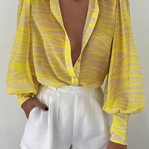 Simple Shirt Collar Long Sleeve Blouse, Blouses and Shirts, color:Yellow|size:XXL, Stylewe
