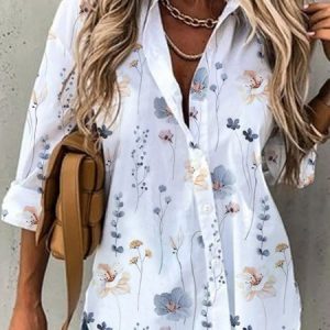 Casual Loose Shirt Collar Floral Blouse, Shirts & Blouses, color:White|size:XXL, JustFashionNow