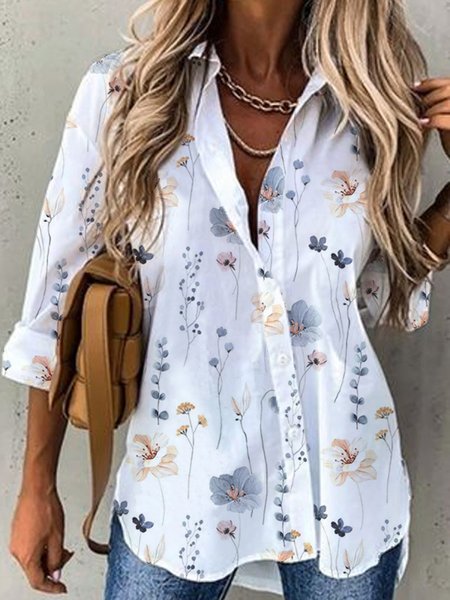 Casual Loose Shirt Collar Floral Blouse, Shirts & Blouses, color:White|size:XXL, JustFashionNow