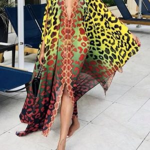 Loose Leopard V Neck Vacation Dress, Maxi Dresses, color:Green|size:XXL, Stylewe