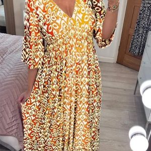 Casual Floral Pattern V-Neck Maxi Dress Vacation Boho Women's Clothing, Dresses, color:Yellow|size:3XL, JustFashionNow