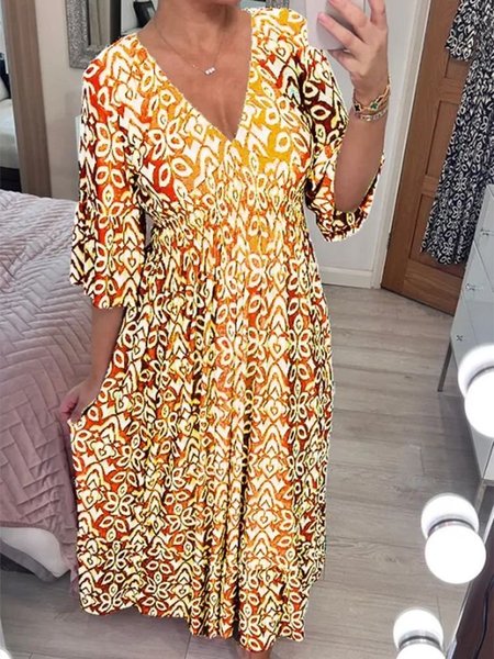 Casual Floral Pattern V-Neck Maxi Dress Vacation Boho Women's Clothing, Dresses, color:Yellow|size:3XL, JustFashionNow