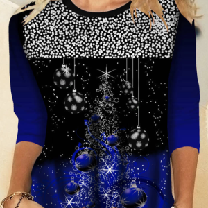Casual Christmas Crew Neck Long Sleeve T-shirt, T-shirts, color:Blue|size:3XL, Noracora