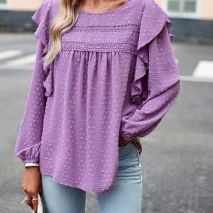 Crew Neck Long Sleeve Plain Regular Loose Shirt For Women, Blouses, color:Purple|size:XL, Noracora