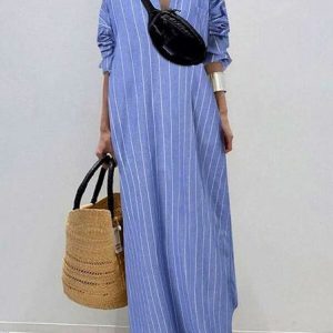 Women Striped Shirt Collar Long Sleeve Comfy Casual Maxi Dress, Maxi, color:Sky Blue|size:5XL, Noracora