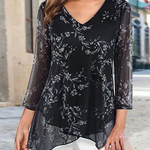 V Neck Three Quarter Sleeve Floral Regular Loose Shirt For Women, Blouses, color:Black|size:3XL, Noracora