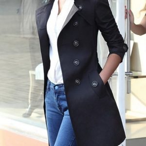 Lapel Collar Long Sleeve Plain Buckle Regular Loose Trench Coat For Women, Trench coat, color:Black|size:3XL, Noracora