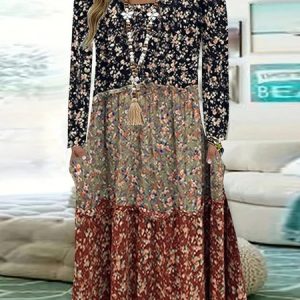 Loose Casual Floral Crew Neck Dress, Dresses, color:Multicolor|size:XXL, JustFashionNow
