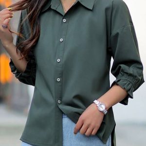 Shirt Collar Three Quarter Sleeve Plain Buckle Regular Loose TUNIC Blouse For Women, Shirts, color:Army Green|size:3XL, Noracora