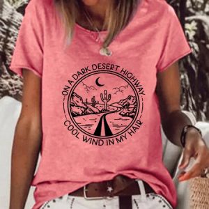 On A Dark Desert Highway Trip Cotton Blends Short Sleeve T-Shirt, color:Pink|size:3XL, Lilicloth.com
