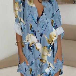 Woman Loose V Neck Fashion Urban Floral Print Shirt Dress, Dresses, color:Blue|size:3XL, JustFashionNow