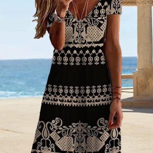 Casual Floral V Neck Regular Fit Dress, Dresses, color:Camel|size:3XL, JustFashionNow
