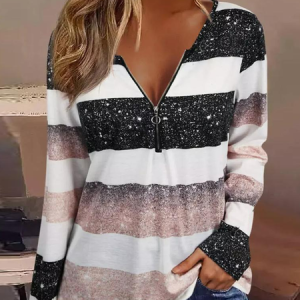 Casual RStriped Glitter Print Zip Front Long Sleeve Top, T-Shirts, color:Multicolor|size:XXL, JustFashionNow