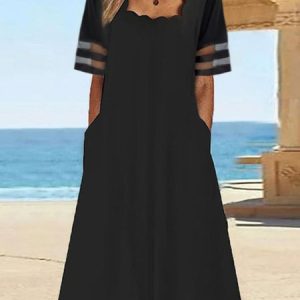 Plain Lace Loose Casual Dress, Maxi, color:Black|size:XXL, Noracora