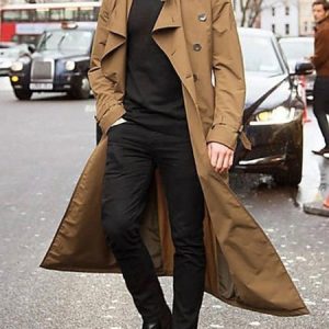 Regular Sleeve Plain Shawl Collar Vintage Trench Coat, Jackets, color:Khaki|size:XXL, JustFashionNow