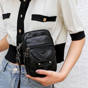 Antique Soft Leather Zip Multi Pocket One Shoulder Crossbody Bag, Women's Bags, color:Black|size:One-size, JustFashionNow