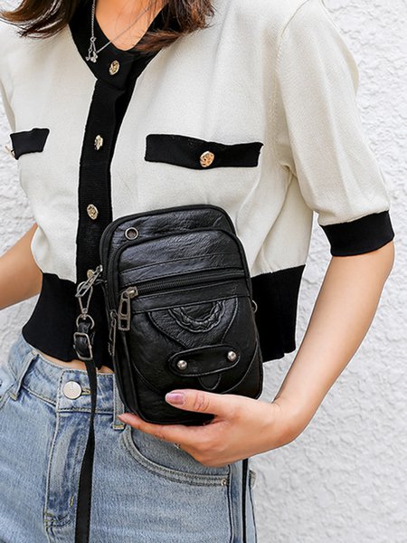 Antique Soft Leather Zip Multi Pocket One Shoulder Crossbody Bag, Women's Bags, color:Black|size:One-size, JustFashionNow