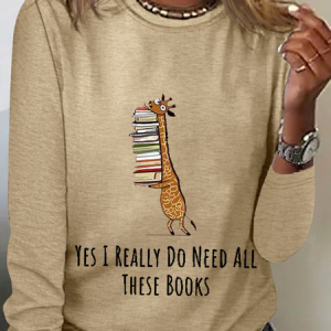 Women's Funny Word Yes I Really Need These Books Print Text Letters Regular Fit Simple Shirt, color:Khaki|size:3XL, Lilicloth.com