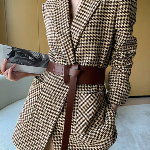 Regular Fit Lapel Casual Shirt Sleeve Blazer With Belt, Blazers, color:Grid|size:L, JustFashionNow
