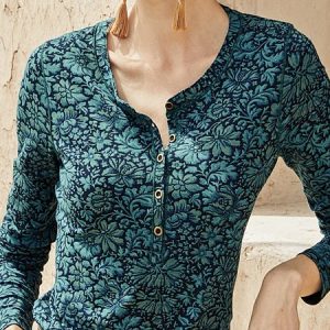 Ethnic Ethnic Crew Neck Long Sleeve T-shirt, T-shirts, color:Green|size:XXL, Noracora