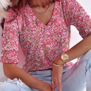 Small Floral Casual Regular Fit V Neck T-Shirt, T-Shirts, color:Pink|size:XXL, JustFashionNow