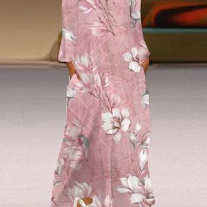 Women Floral Notched Long Sleeve Comfy Casual Maxi Dress, Maxi, color:Pink|size:XXL, Noracora