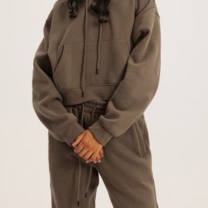 Casual Plain Hoodie Regular Fit Two-Piece Set, Suit Set, color:Brown|size:XL, JustFashionNow