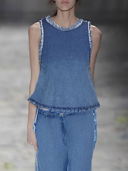 Crew Neck Plain Loose Tank Top, Tanks and Camis, color:Blue|size:XXL, Stylewe