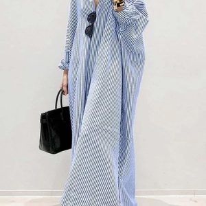 Urban Striped Shirt Collar Loose Maxi Dress With No Belt, Maxi Dresses, color:Blue|size:XXL, Stylewe