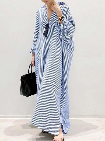 Urban Striped Shirt Collar Loose Maxi Dress With No Belt, Maxi Dresses, color:Blue|size:XXL, Stylewe