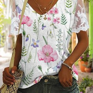 Floral Casual Loose Lace Sleeve T-Shirt, T-Shirts, color:White|size:XXL, JustFashionNow