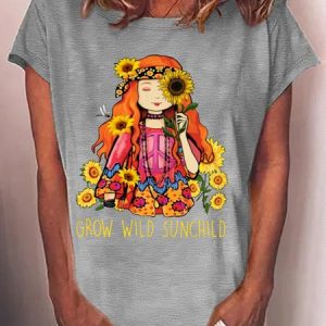 Women's Grow Wild Sunchild Sunflower Print T-Shirt, color:Gray|size:3XL, Lilicloth.com