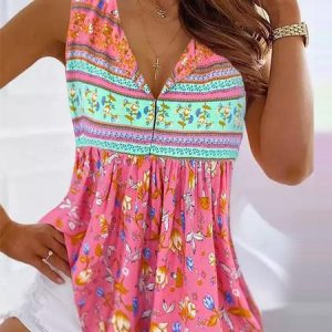 Elegant Floral Regular Fit V Neck Tank Top, Tanks & Camis, color:Red|size:XXL, JustFashionNow