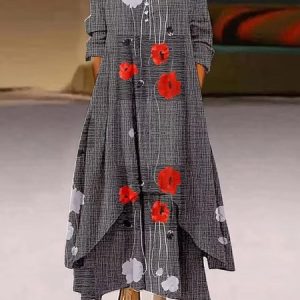 Casual Floral Regular Fit Crew Neck Dress, Maxi, color:Gray|size:3XL, Noracora